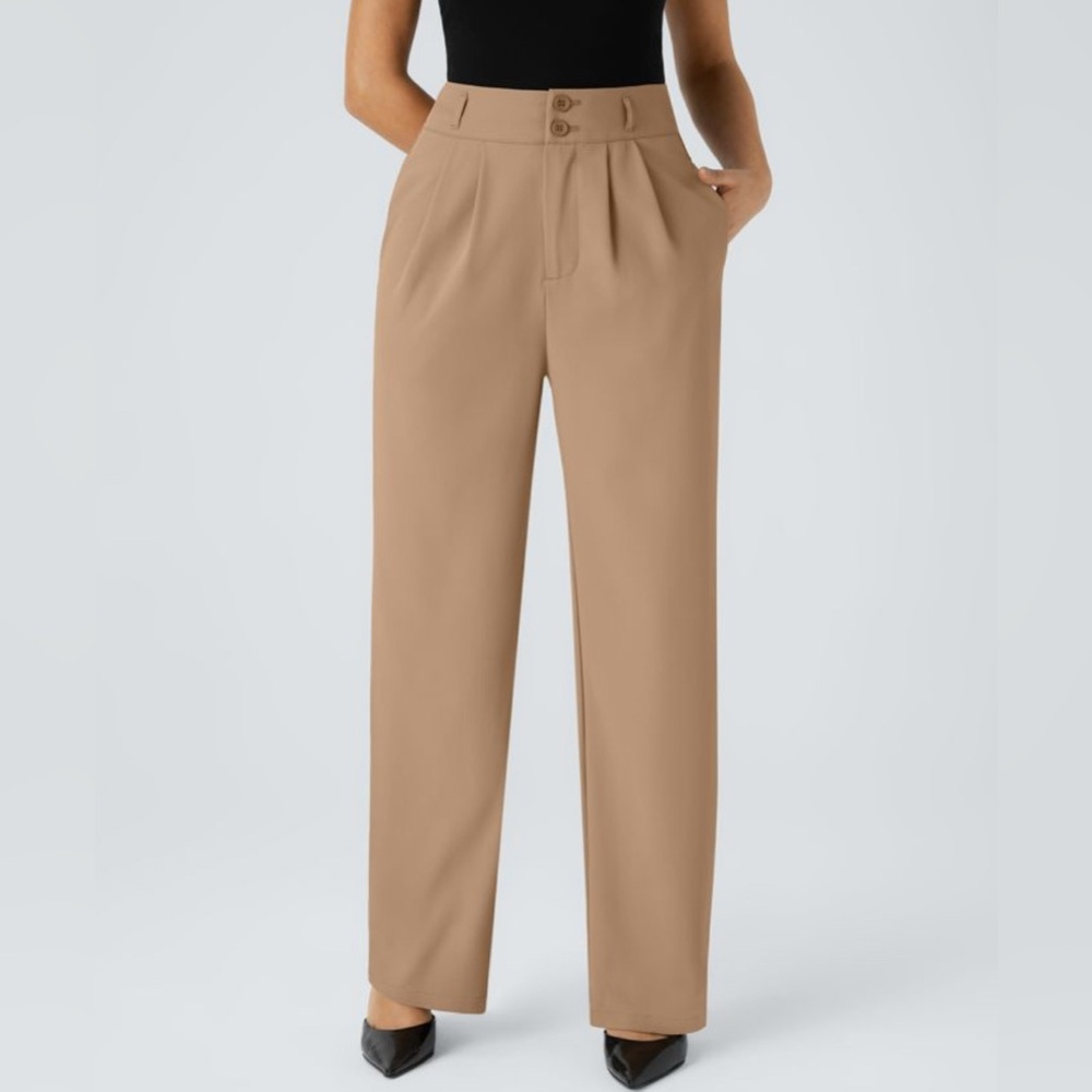 Halara High Waisted Button Zipper Side Pocket Shirred Straight Leg Work Pants L